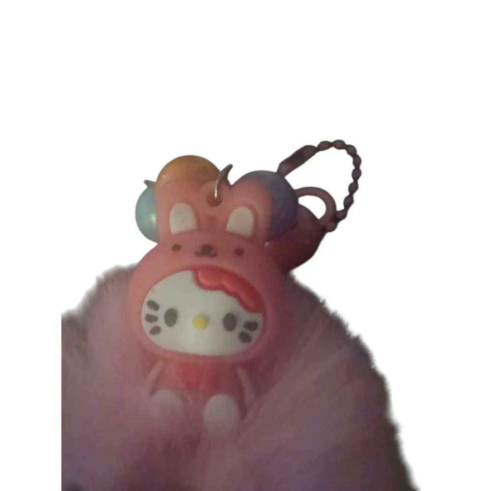 Pink Fluffy Pom Hello‎ Kitty Bunny Charm Rainbow Beads Keychain Bag Charm